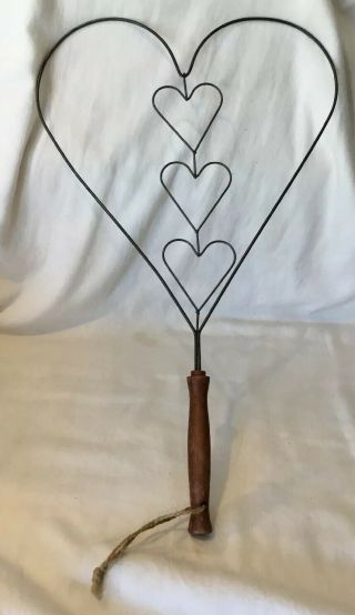 18 " Triple Heart Shaped Rug Beater Wood Handle Country