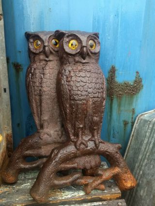 Vintage Cast Iron Owls From Fireplace Andirons,  Yellow Glass Eyes