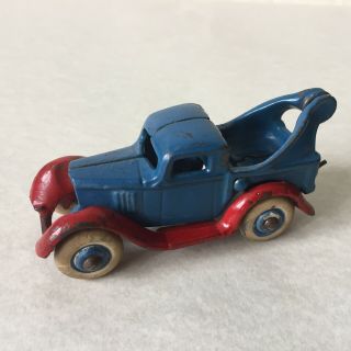 Vintage Arcade 263r Cast Iron Blue Red Tow Truck Toy Car Rubber Tires Usa