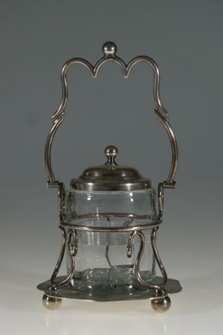 Vintage Pressed Glass Ribbed Crystal Pickle Jar In Silver Frame C.  1910