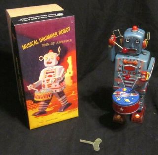 Vintage Musical Drumming Robot Walking Wind - Up Tin Toy W/ Key & Box