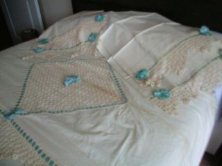 Vintage Edwardian Era Crochet Lace & Ribbon 120 " X100 " Top Sheet,  4 Pillowcases