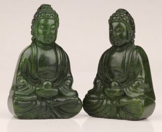 2 Buddhist China Green Jade Pendant Statue Old Hand - Carved Sitting Buddha