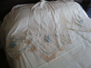 Vintage Edwardian Era Eyelet Lace Ribbon Pom Pom 120 " X100 " Sheet,  4 Pillowcases