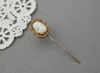 White Angel Skin Coral Carved Cameo Stick Pin Antique Gold Tone 2 3/8 " Vintage
