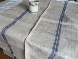 Antique Homespun Fishbone Grain Sack Linen Fabric Blue Grey Str 39 