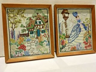 Pair 2 Vintage Hand Embroidered Framed Picture Cottage & Crinoline Lady Framed