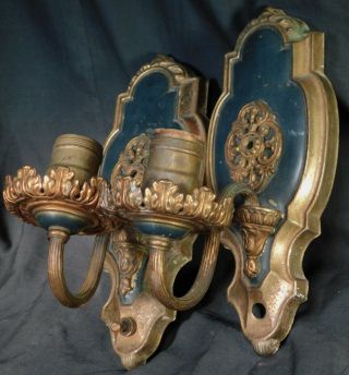Pair Antique Polychrome Brass Wall Sconce Mission Tudor Gothic Regency Vintage