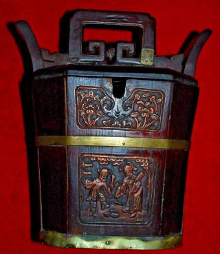 Vintage Oriental Rice Bucket Wood With Lid Tea Caddy Asian Chinese