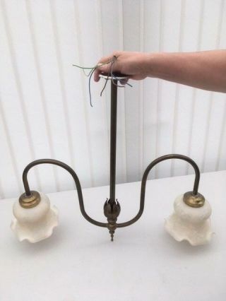 Vintage Tulip Style Brass Ceiling Light Of Unusual Design With Two Glass Shades