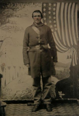 1860s Civil War Soldier Tintype Photo - Sixth Plate With American Flag Backdrop