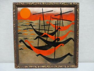 Signed Judith Daner " Jd " Viking Ships Boats Ocean Art Enamel On Copper Framed 12