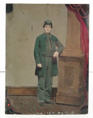 1860s Civil War Soldier Tintype Photo Full Plate Hand Colored Soldier In Uniform