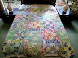 Vintage Hand Pieced & Quilted Feed Sack,  Novelty Prints Nine Patch Quilt