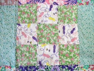 Vintage Hand Pieced & Quilted Feed Sack,  Novelty Prints NINE PATCH Quilt 5