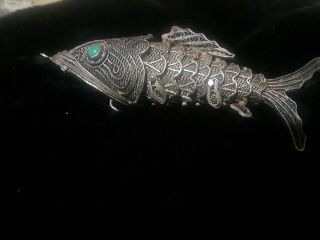 Antique Chinese Sterling Silver Fish Spice Box Filigree Turquoise Eyes Rare