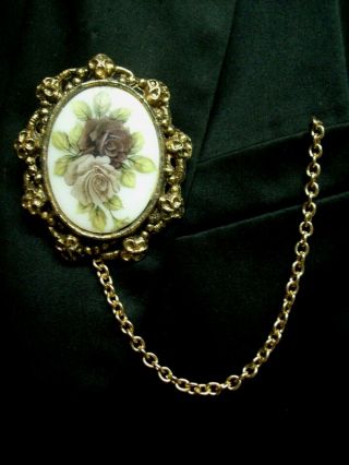 Look Antique Pocket Watch Chain & Rose Cameo Pin Fob 10 " Gold Color Wow