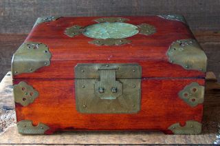 Estate Vintage Chinese Cherry Wood Brass & Jade Medallion Wooden Jewelry Box