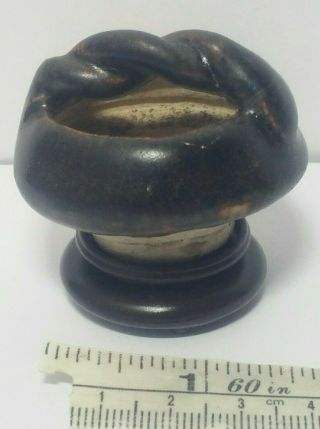 Chinese Antique Song Dynasty Miniature Brown Glazed Pottery Bowl On Wood Stand