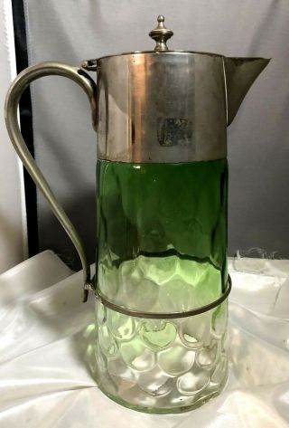 Antique Green Fading To Clear Glass Pressed " Bubbles " Large Lidded Pitcher
