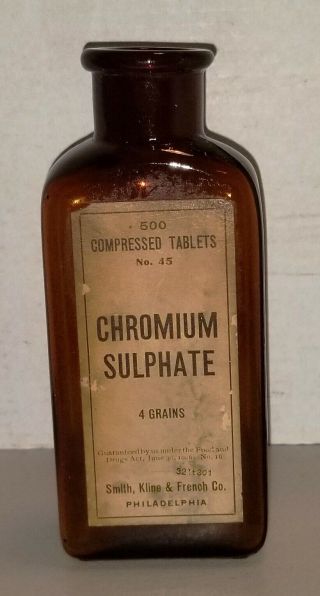 Antique Smith Kline & French Chromium Sulphate Apothecary Glass Pharmacy Bottle