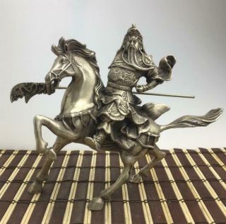 China Old Copper Plating Silver Hand Engraving Guan Yu Ride A Horse Statue E01