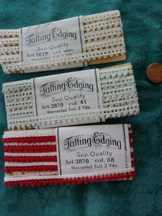 3 Tiny Thin Antique Tatting Lace Feather Novelty Braid Vintage 9 Yrds Dolls