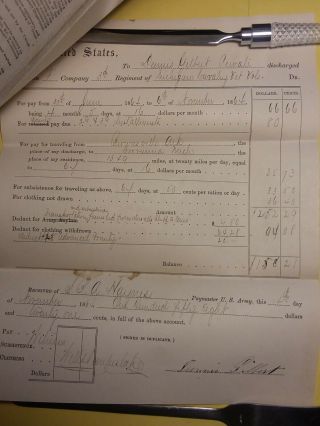 Civil War Discharge/Pay Voucher Papers Pvt.  Dennis Gilbert,  3rd Michigan Cavalry 2