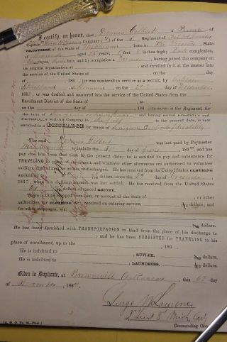 Civil War Discharge/Pay Voucher Papers Pvt.  Dennis Gilbert,  3rd Michigan Cavalry 6