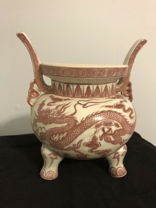 Chinese Porcelain Double Dragon Elephant Head 3 Leg/tripod Incense Burner Censer