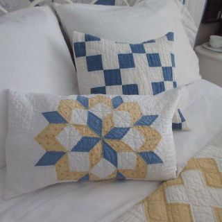 Blue Yellow Star Vintage Cottage Farmhouse Quilt Pillow 12x18 " Lumbar 2