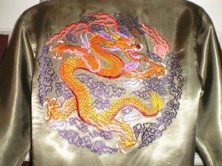 Old Chinese Green Silk Jacket/robe W/embroidered Dragon On Back Brass Buttons M