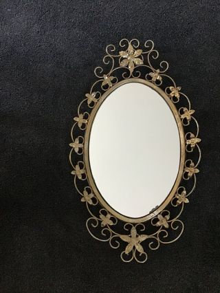 Vintage Wall Mirror Ornate Metal Oval Gold Retro 1950s Floral