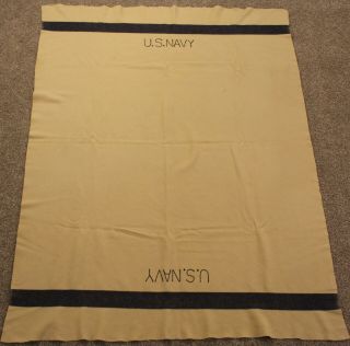 Vintage U.  S.  Navy Embroidered Military Issue Wool Blanket Ivory/blue 71x54