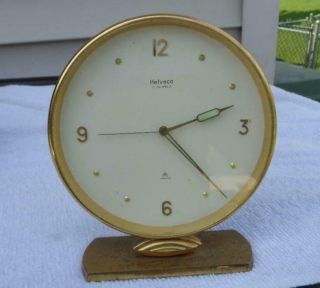 Vintage Swiss Helveco 7 Jewels 8 Days Mantel Clock Round Brass 6” Tall Parts