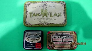 3 Vintage Medicine Tins Tak - A - Lax,  Ex Lax,  Blackburn 