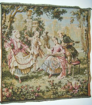 Antique Woven French Victorian Tapestry 20x19 " Musicians & Dancers At Fountain