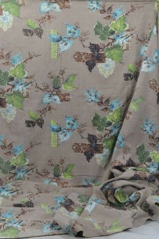 Vintage Bark Cloth Fabric Leaves Flowers Cotton Beige Green Blue