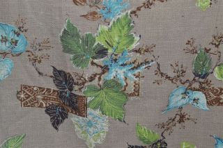 vintage bark cloth fabric leaves flowers cotton beige green blue 2