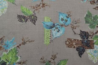 vintage bark cloth fabric leaves flowers cotton beige green blue 3