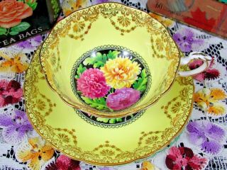 Paragon Chrysanthemum Intricate Gold Designs Yellow Tea Cup & Saucer