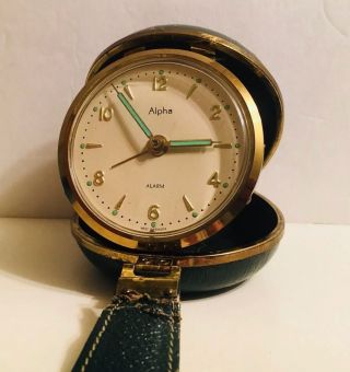 Vintage Alpha Travel Folding Alarm Clock Made In Germany Leather Case