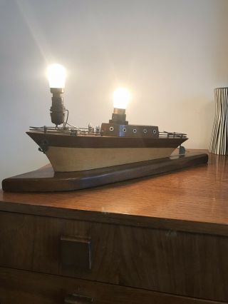 Vintage Mid Century 1950’s Teak Wood Sailing Boat Lamp Rare 5