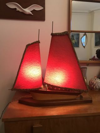 Vintage Mid Century 1950’s Teak Wood Sailing Boat Lamp Rare 6