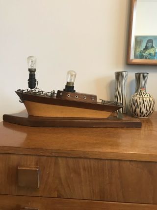 Vintage Mid Century 1950’s Teak Wood Sailing Boat Lamp Rare 8