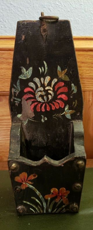 Antique Primitive Candle Box Wall Wooden Hand Painted Tole Flowers Folk Art