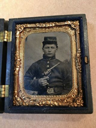 Young Civil War Union Soldier W Revolver Tintype Ninth Plate One Strawberry Case