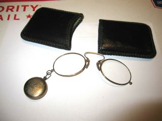 Antique Very Good Quality Gold Filled Eyeglasses W/ Spring Reel & Case