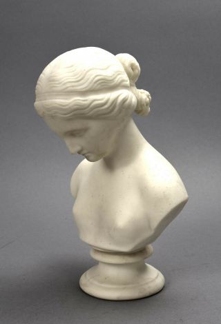 Antique White Bisque Parian Bust Of Classical Young Woman Goddess W/ Base