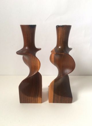 Vintage Retro Mid Century Modern Teak Turned Wooden Candlesticks Candle Holders